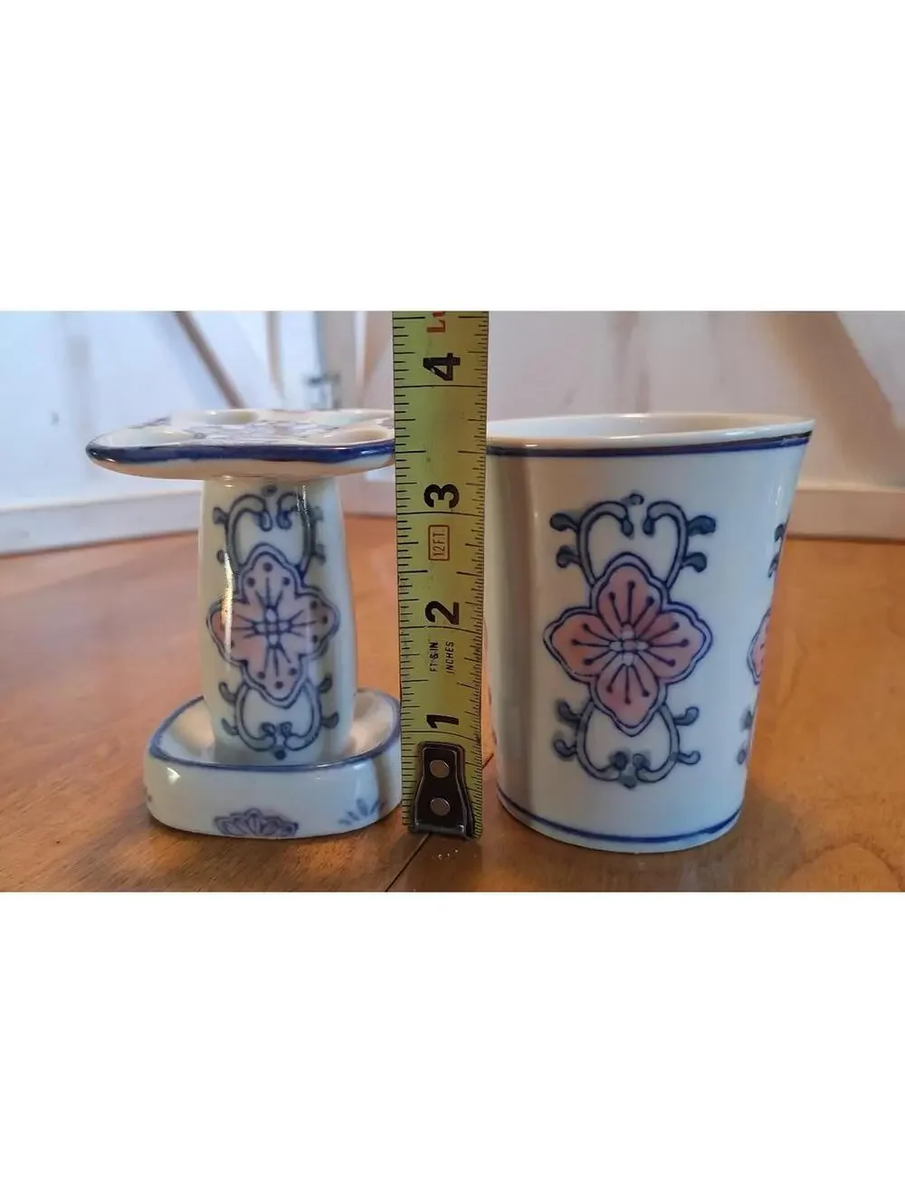 Vintage Ceramic Toothbrush Holder w/Matching Rinse Cup Floral Pattern 3.25